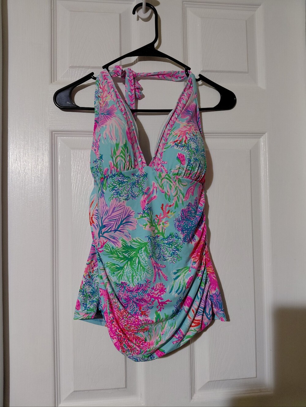 Lilly Pulitzer Womens 12 Blue Pink Tropical Halter Tankini Swim Top Ruched